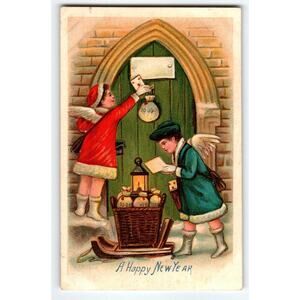 New Year Postcard Winged Fairy Boy Girl Deliver Money Bag 1900's Fantasy Germany